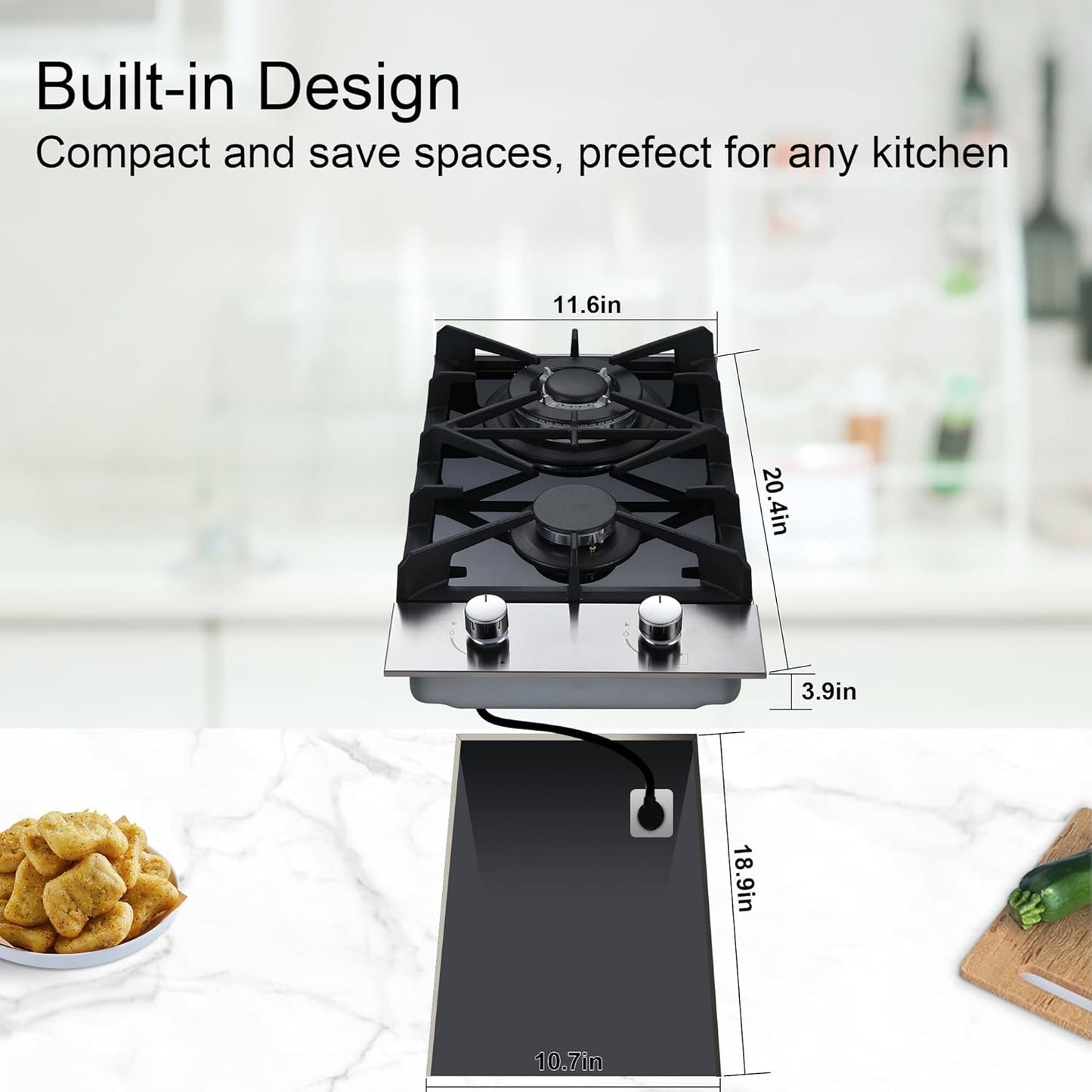 2 Burner Propane Gas Cooktop, 12 inch LPG/NG Dual Fuel Built-in Gas Stove Top, Black Tempered Glass Gas Stove, Gas Hob for Apartment, Outdoor, RV, With Thermocouple Protection