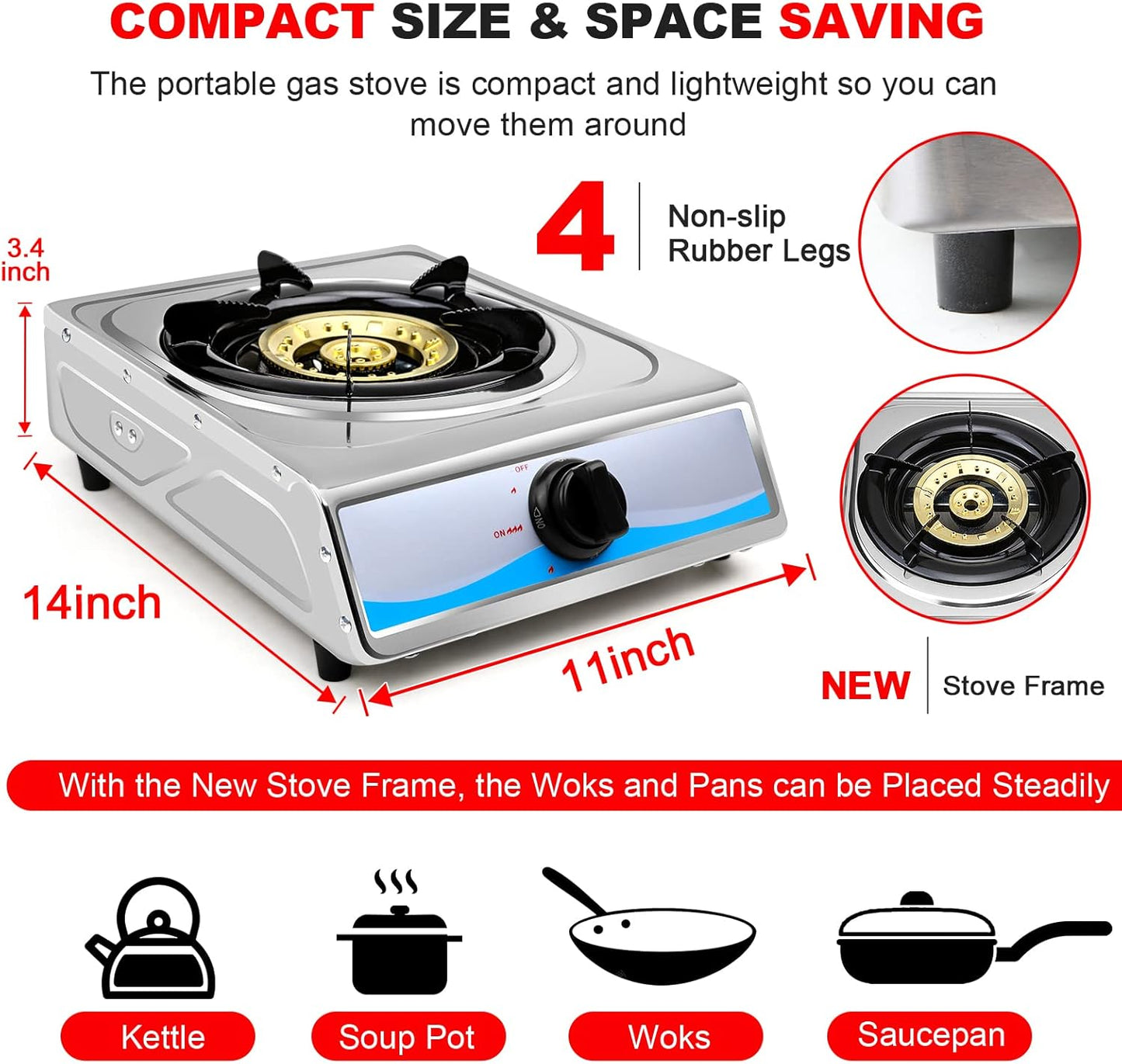 Propane Gas Cooktop，Single Burner Gas Stove Stainless Steel Portable Gas Stove，Auto Ignition Camping Single Burner LPGfor RV, Apartments, Outdoor
