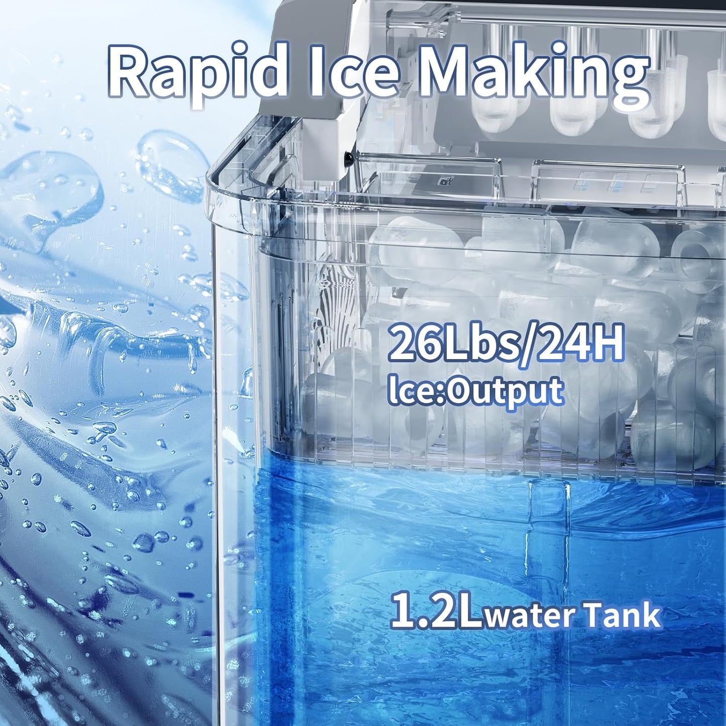 Sweetcrispy Countertop Ice Maker with Scoop, Basket and Handle, 9 Ice Cubes Machine Ready in 6 Mins, 26.5lbs in 24Hrs, 2 Sizes for Home Kitchen Office Bar Party(Black)