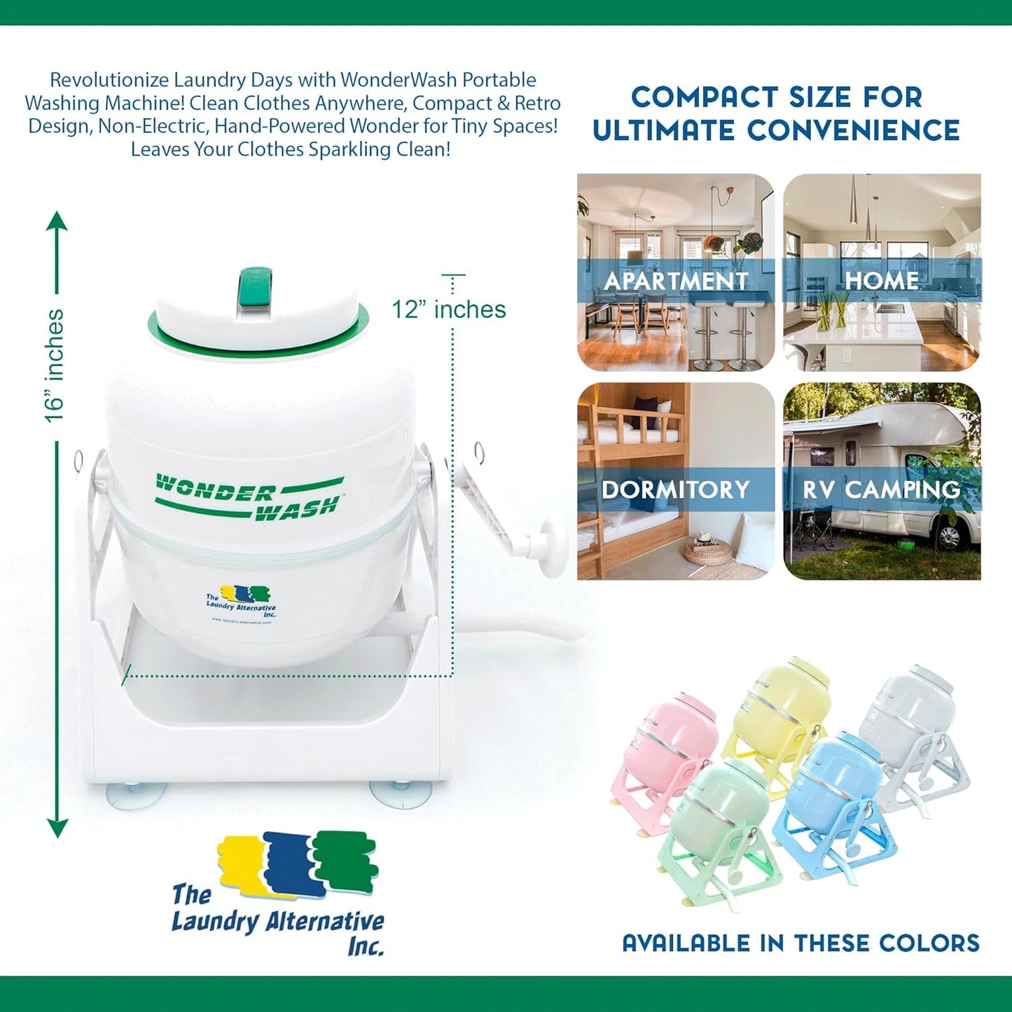 WonderWash Portable Mini Washing Machine for Apartment & Tiny Spaces - Manual Hand Clothes Washer with Retro Design - Clean Laundry Anywhere with Our Countertop, Non-Electric, Small Washer - White