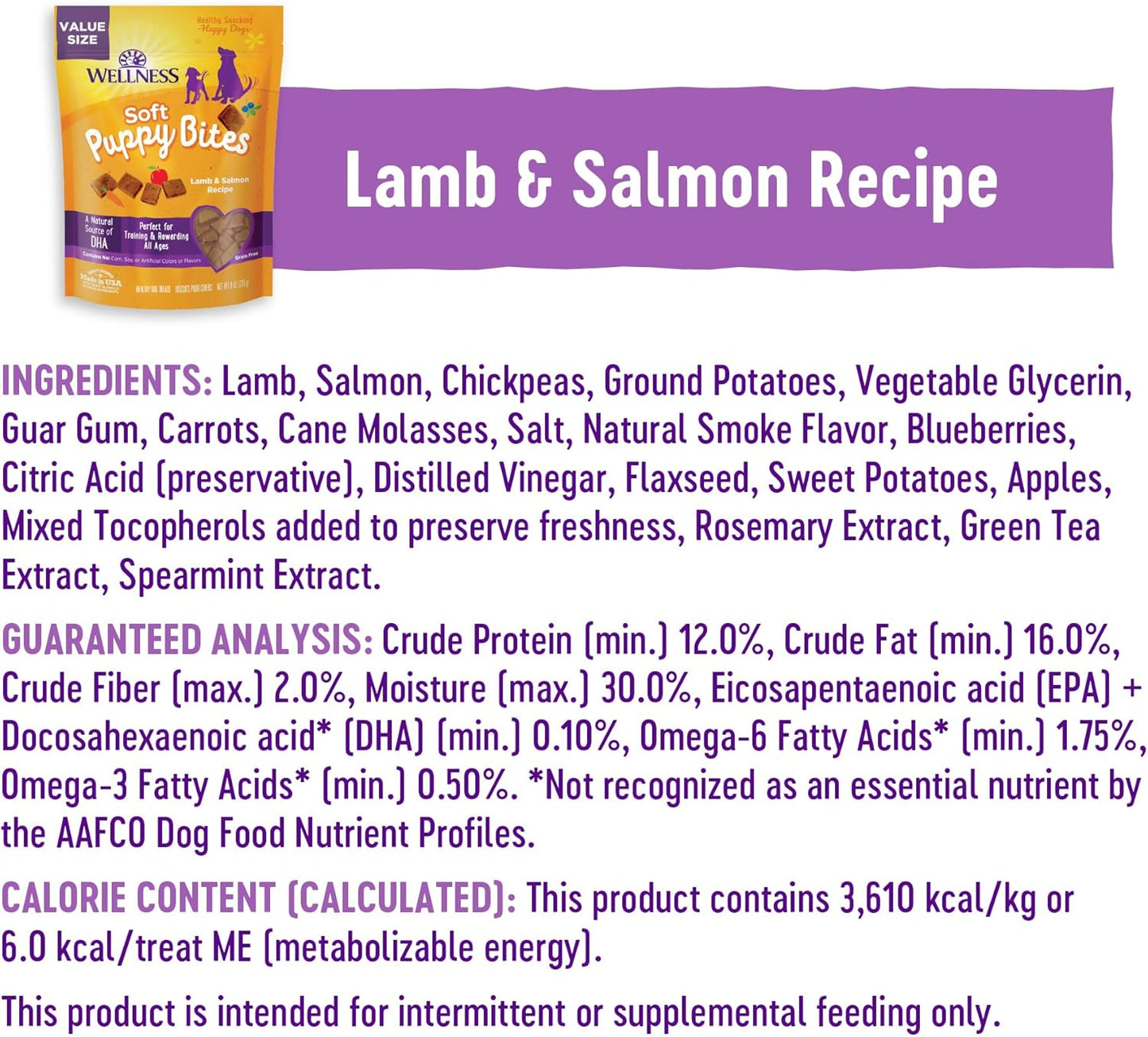 Wellness Puppy Treats, Natural, Training Treat, Grain Free, Soft Lamb & Salmon (8 Ounce Bag)