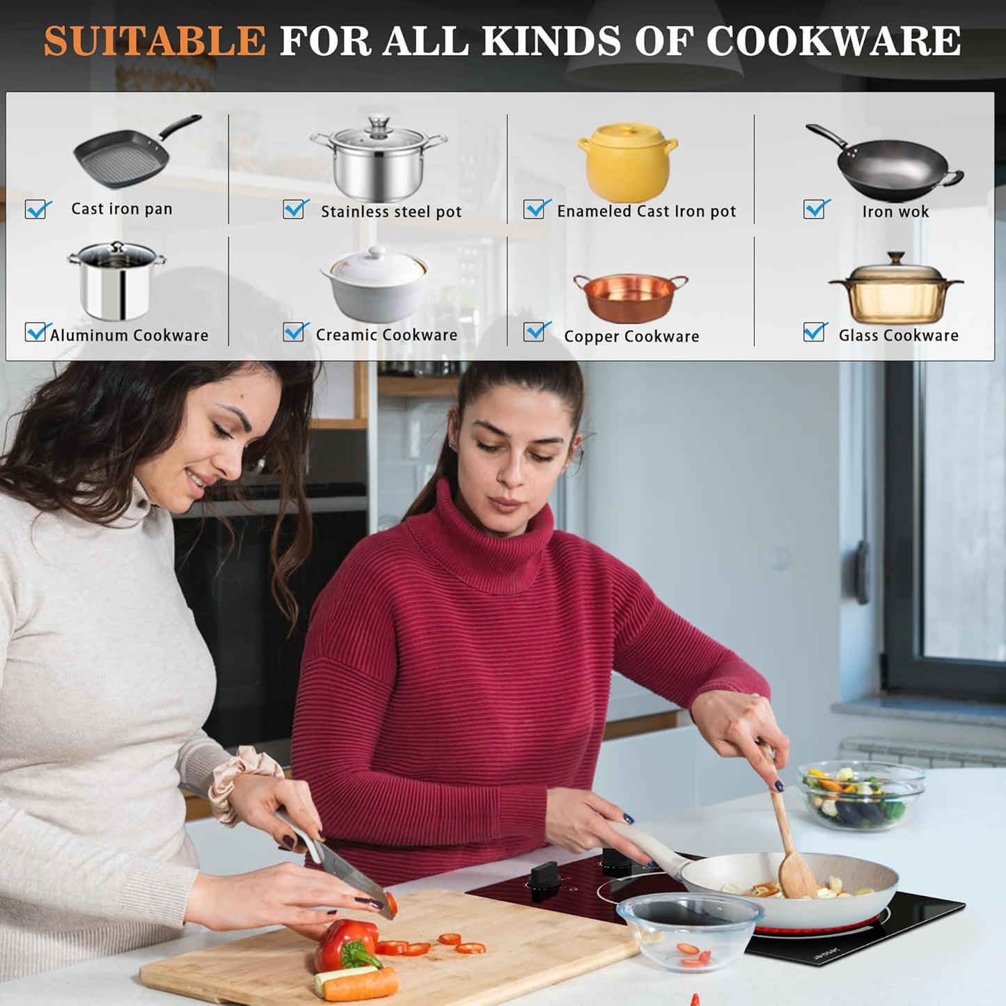 2 Burner Electric Cooktop - 12 Inch Plug in Portable 110V Electric Cook Top, Built-in & Countertop Ceramic Stove Top with Knob Control, 9 Power Levels and Overheat Protection
