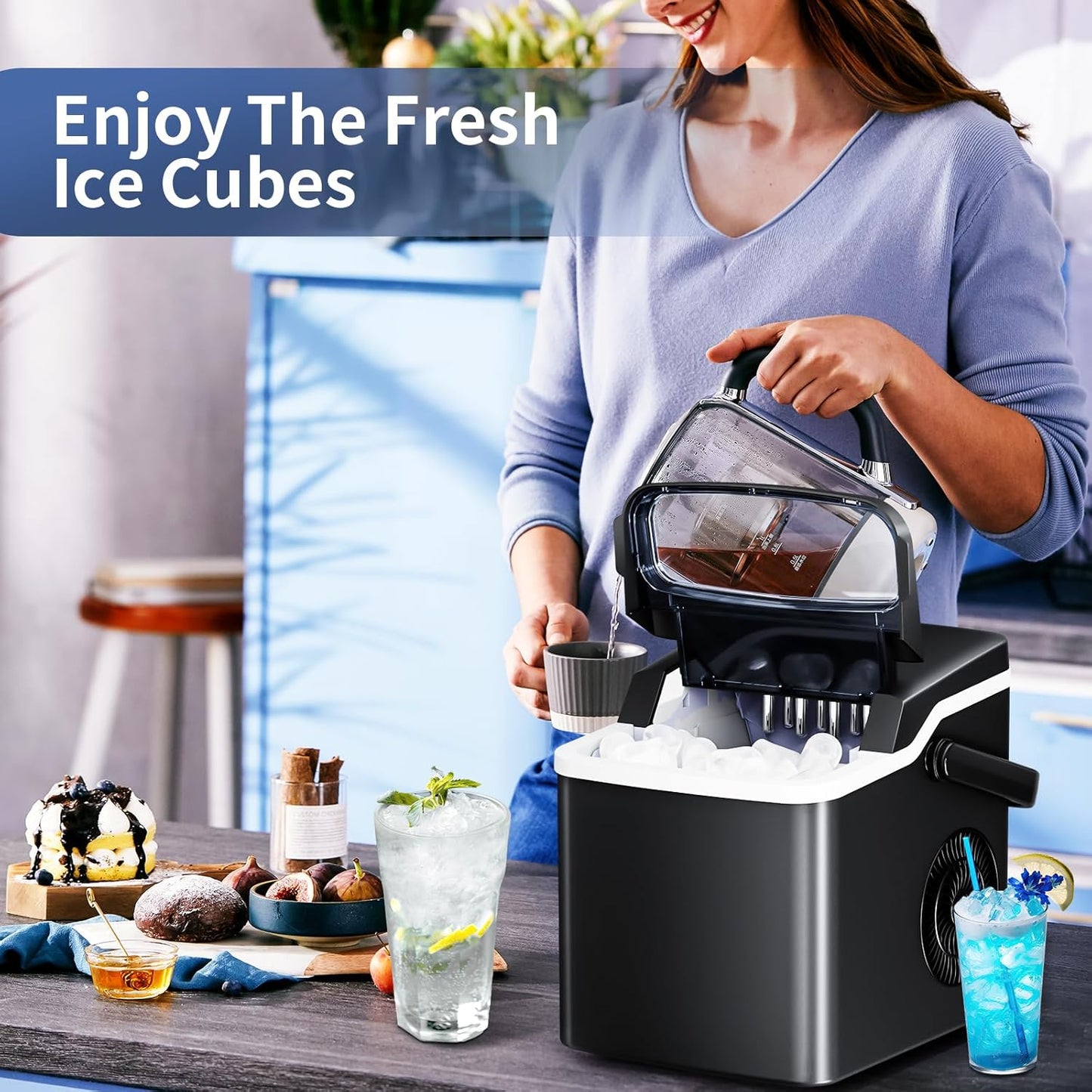 Antarctic Star Countertop Ice Maker Portable Ice Machine, Basket Handle,Self-Cleaning Ice Makers, 26Lbs/24H, 9 Ice Cubes Ready in 6 Mins, S/L ice, for Home Kitchen Bar Party (Black)