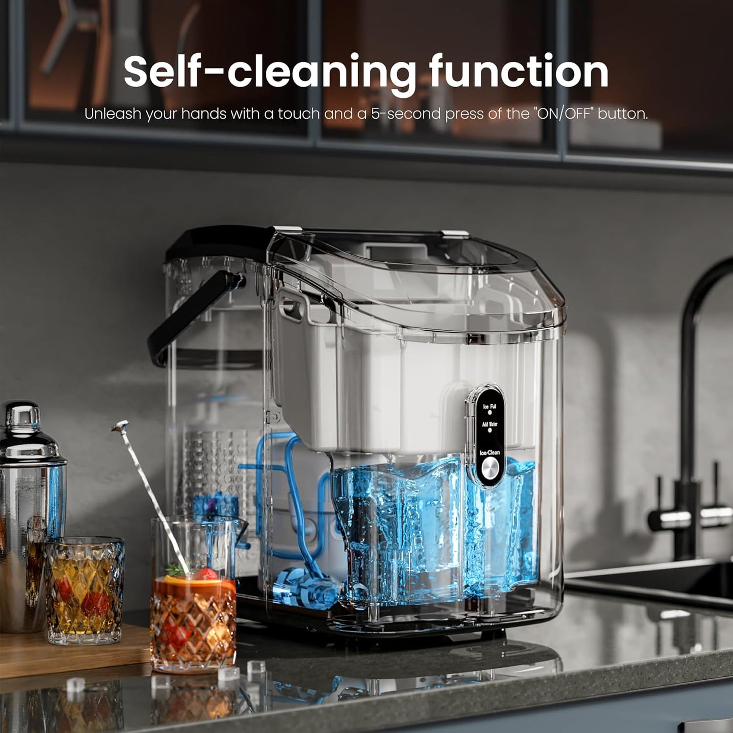 Kismile Nugget Ice Makers Countertop, Portable Sonic Ice Machine with Self-Cleaning/One-Click Operation for Home/Office(Silver)