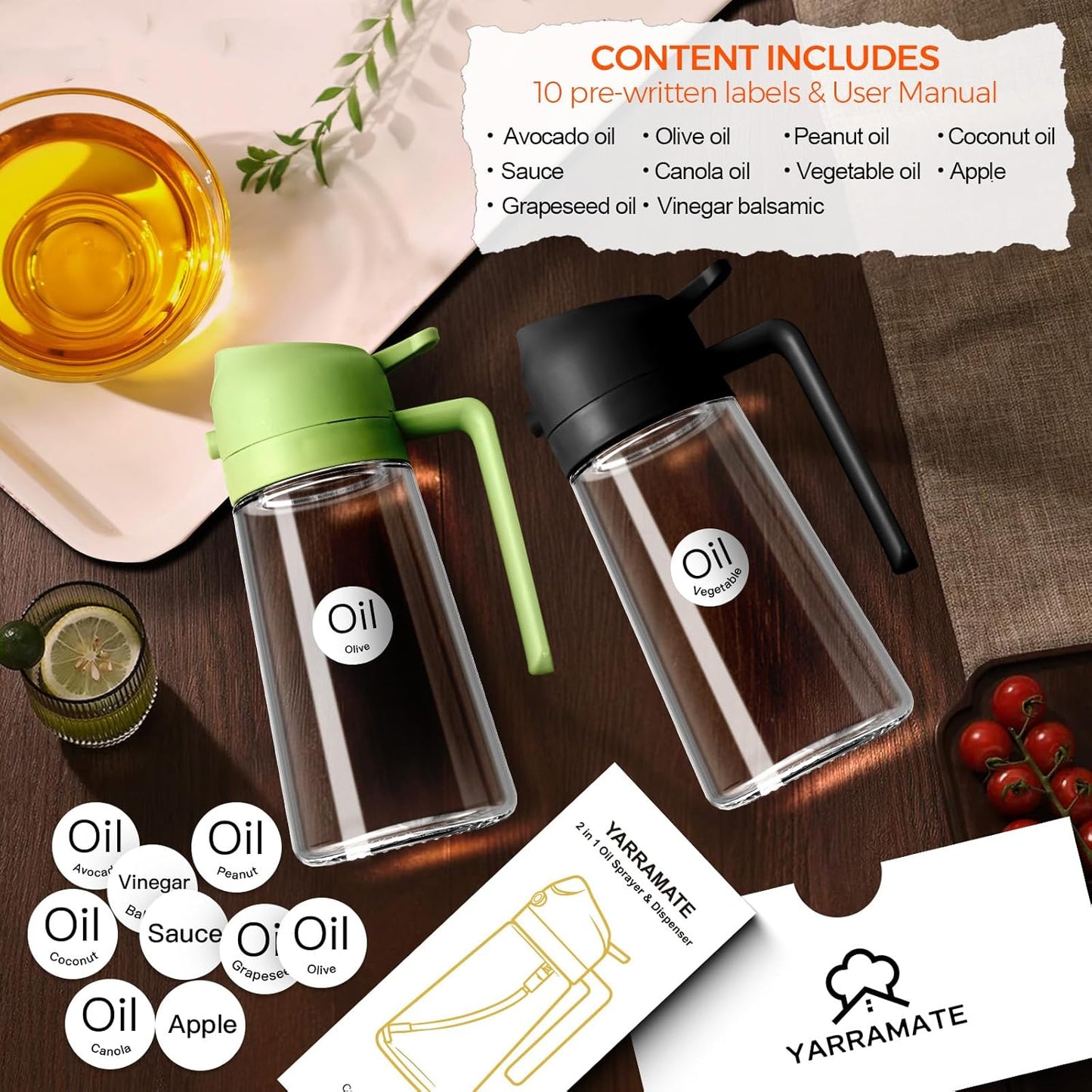 YRRAMATE 16oz/470ml Glass Olive Oil Sprayer for Cooking with Stickers, 2 in 1 Oil Dispenser for Kitchen Gadgets, Food Grade Premium Spray Bottle with Portion Control for Salad, Frying, BBQ (Black)