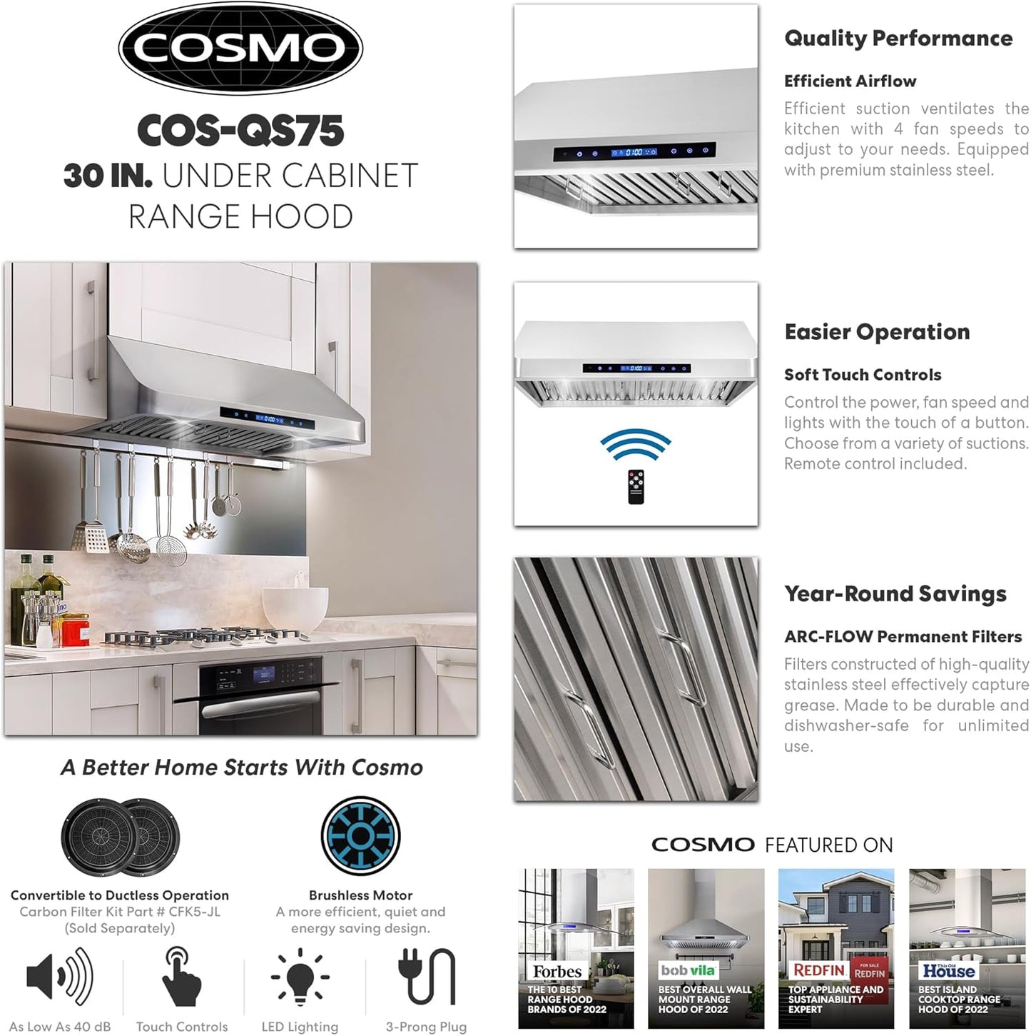 COSMO COS-QS75 30 in. Haven Collection 500 CFM Ducted Under Cabinet Range Hood, Touch Controls, LED Lights, Stainless Steel