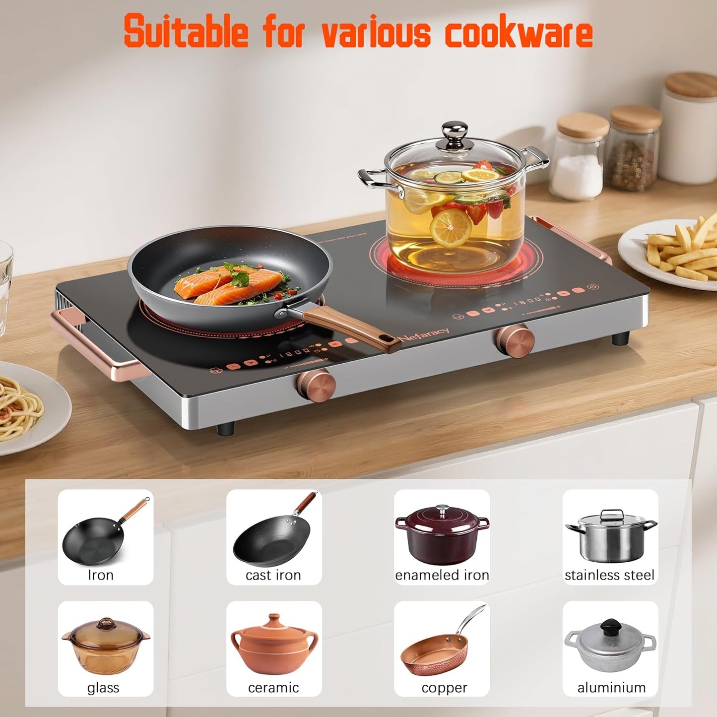Electric Cooktop 2 Burner, 24 Inch Electric Stove with Touch & Knob Control, 2000W Ceramic Cooktop 110V Plug in, 240Mins Timer, Safety Lock & 9 Heating Levels, Overheat Protection(Red)
