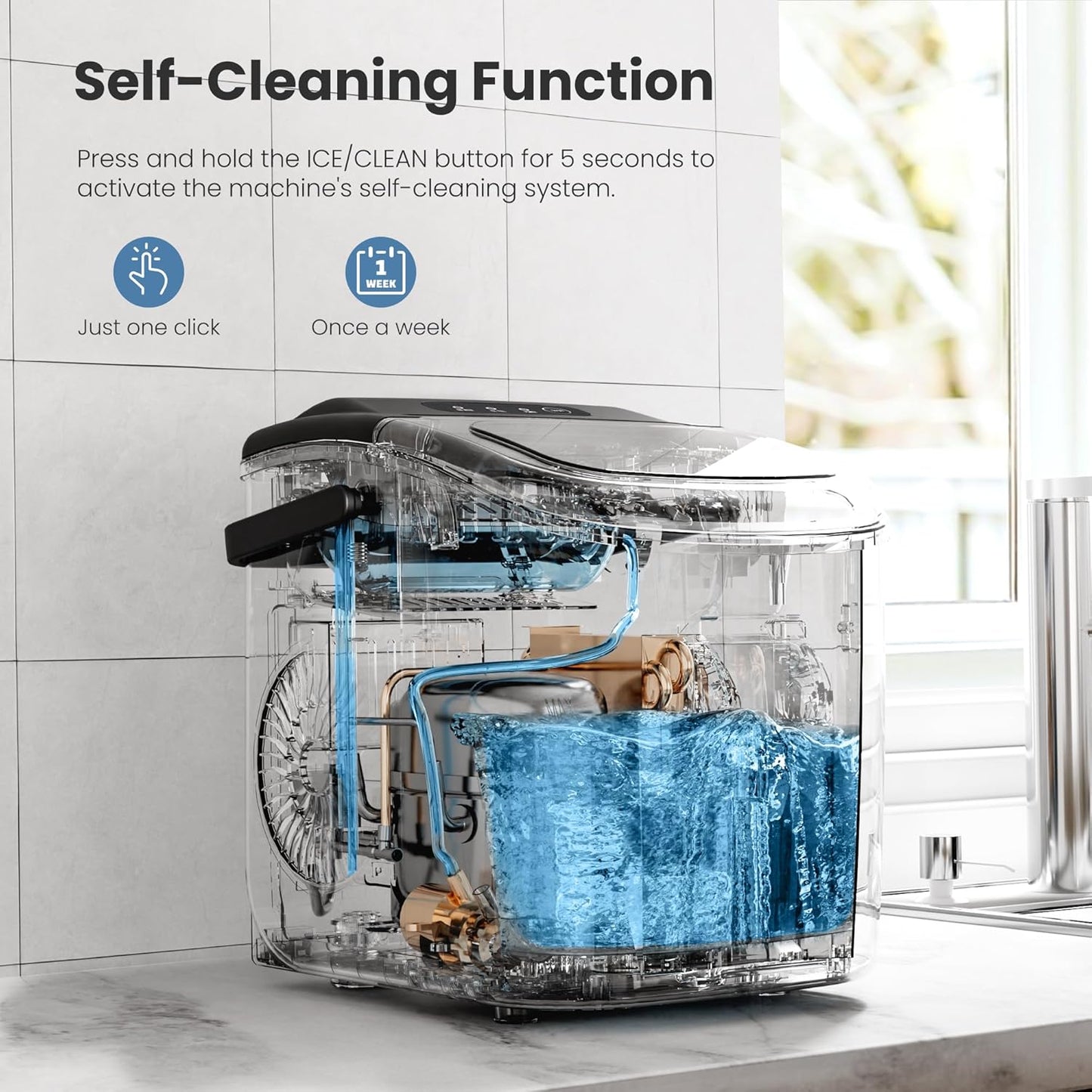 Countertop Ice Maker Machine with Handle, Portable Maker, 27lbs/24Hrs, 7Mins/9 Pcs ice Cubes, Self-Cleaning Table Top Maker with Ice Basket/Scoop, for Home/Kitchen/Office(Black)