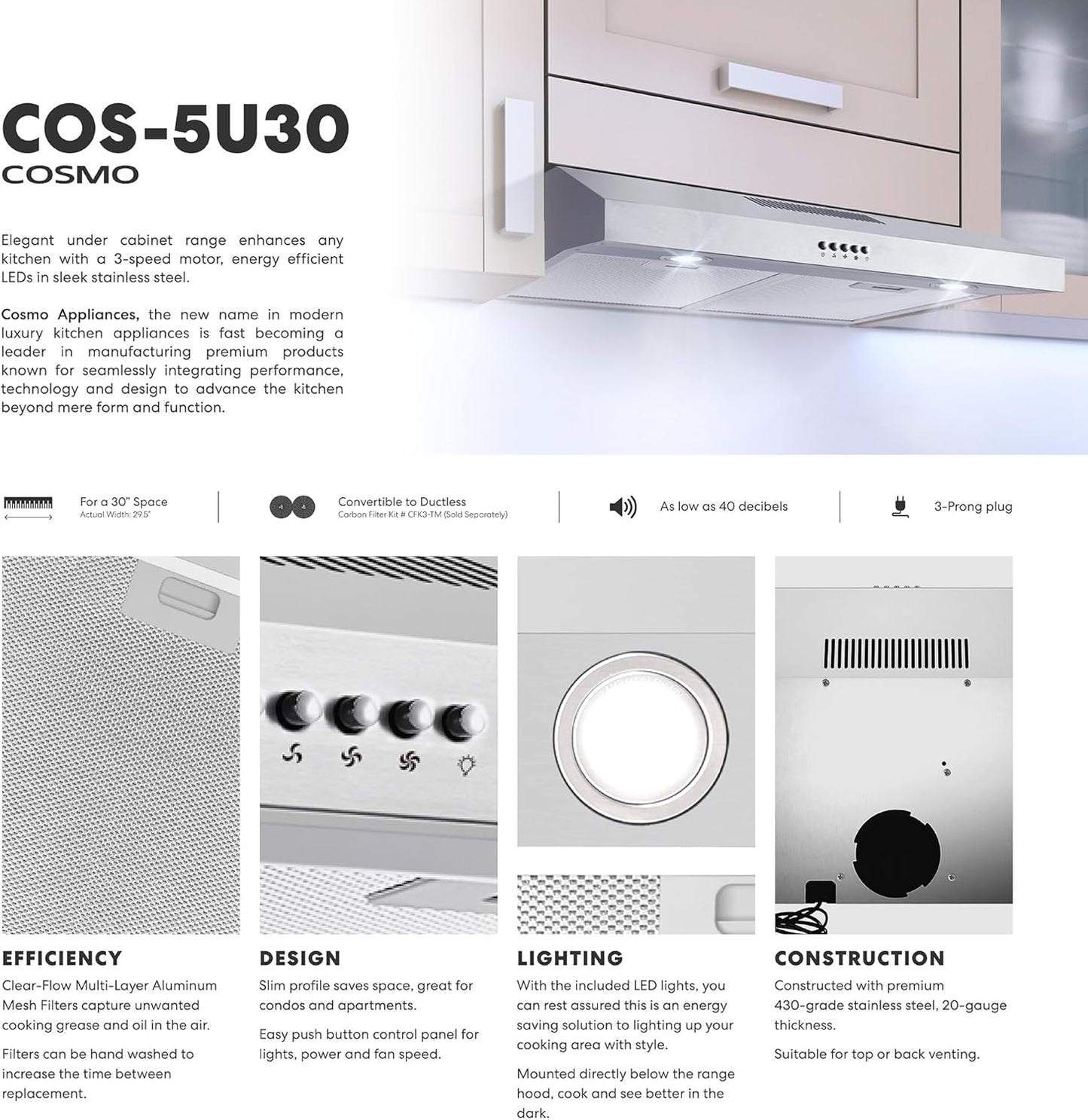 COSMO COS-5U30 30 in. Delta Collection Ducted Under Cabinet Range Hood, Button Controls, Reusable Filters, LED Lights in Stainless Steel