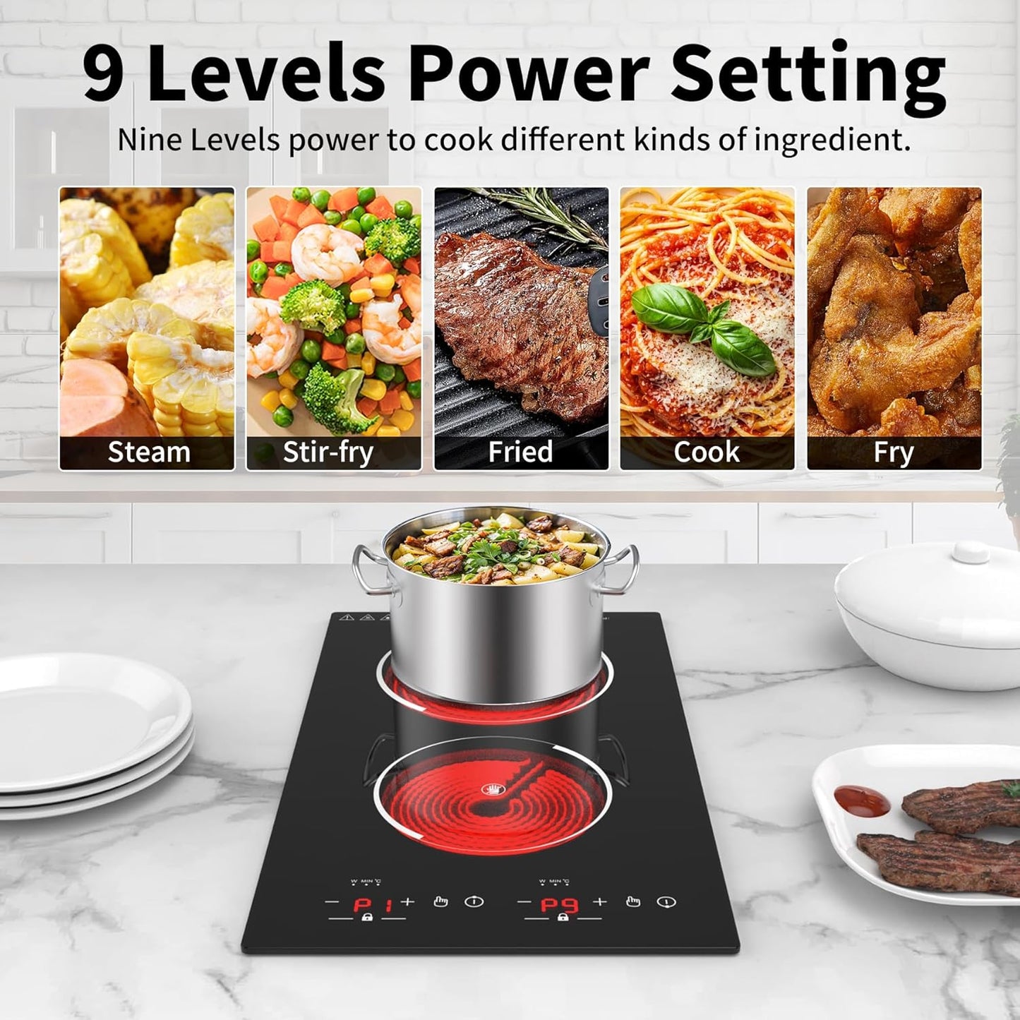 VBGK Electric Cooktop,12 Inch Built-in and countertop Electric Stove Top,110V 2100W 2 burner cooktop,9 Heating Level,Timer & Kid Safety Lock, Sensor Touch Control 2 burner Induction Cooktop