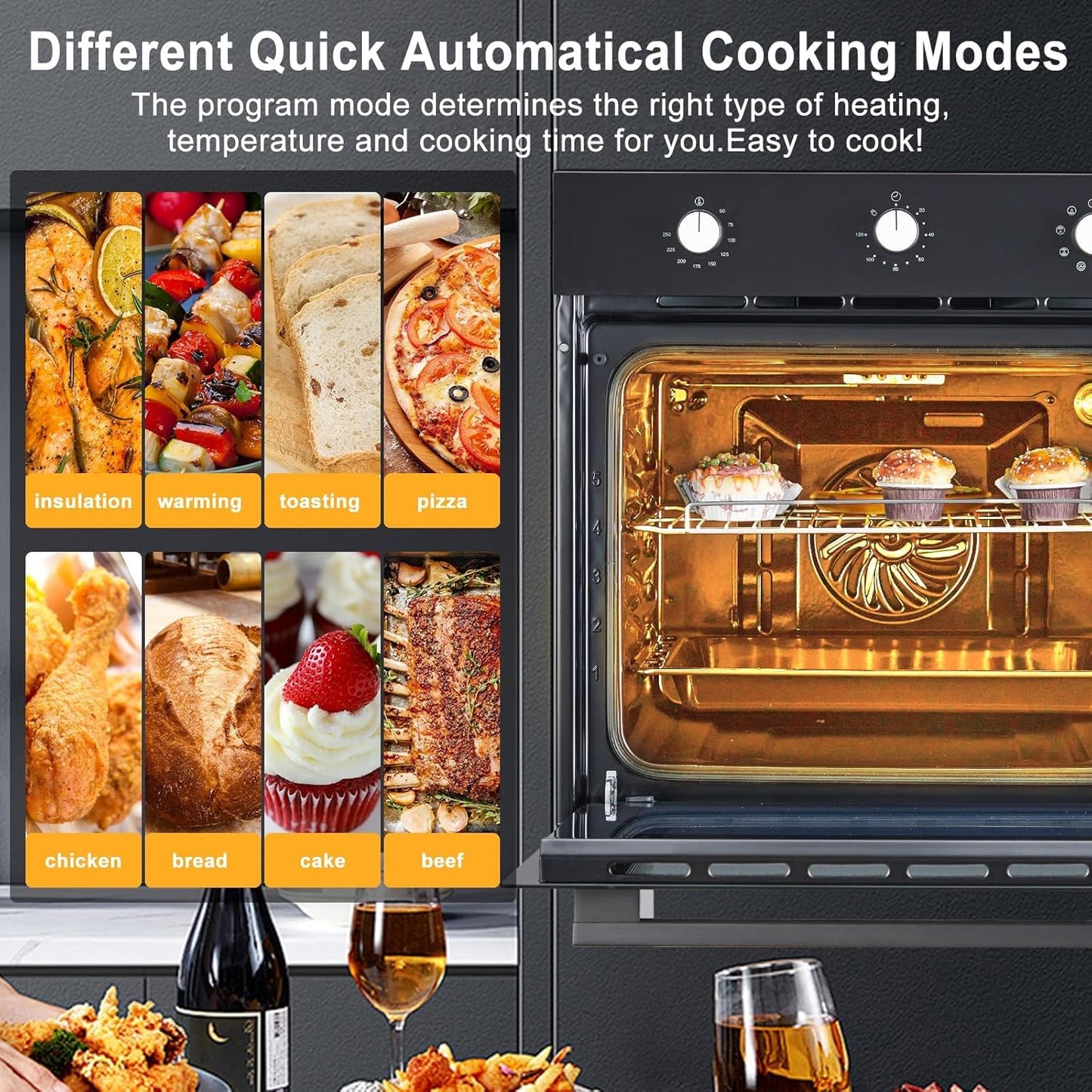 24 Inch Single Wall Oven, 2.5 Cu.ft Built-in Electric Wall Oven with 8 Cooking Functions in Stainless Steel, Mechanical Knob Control