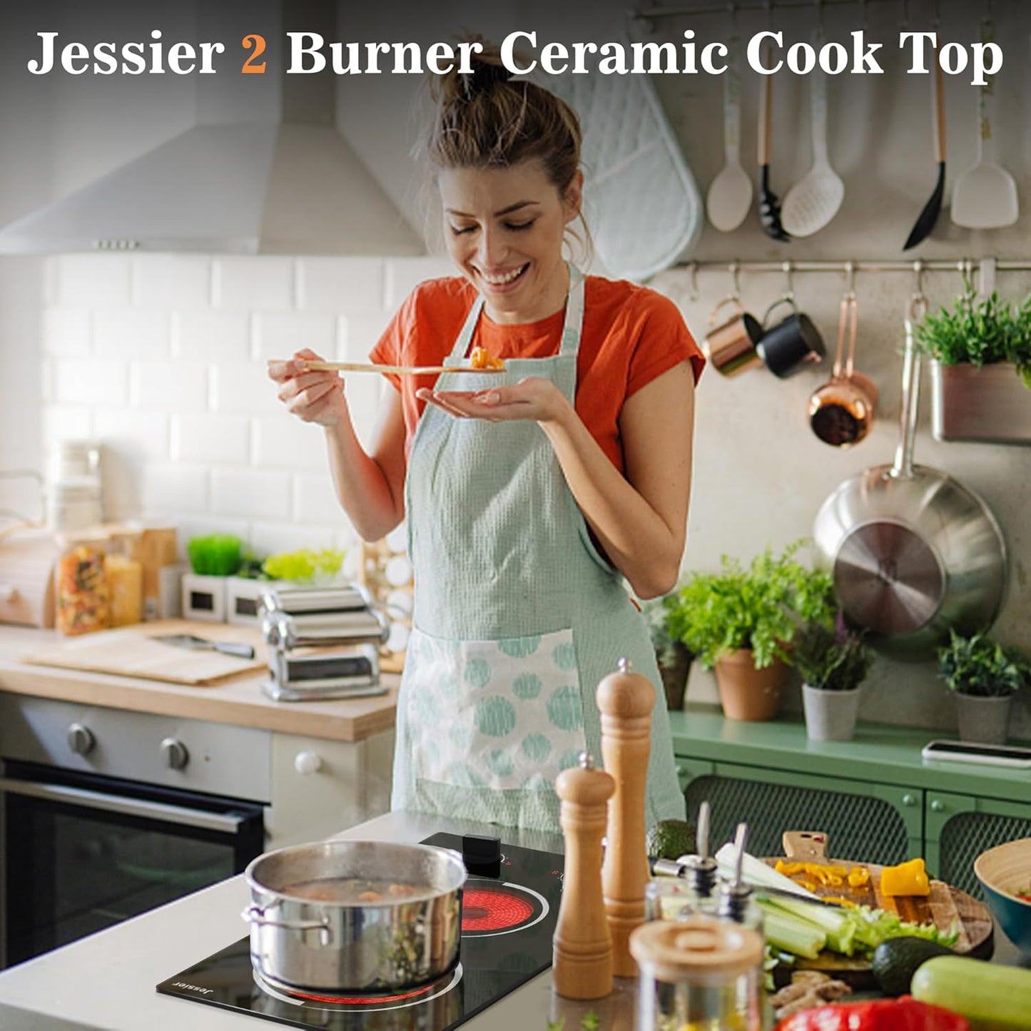 2 Burner Electric Cooktop - 12 Inch Plug in Portable 110V Electric Cook Top, Built-in & Countertop Ceramic Stove Top with Knob Control, 9 Power Levels and Overheat Protection