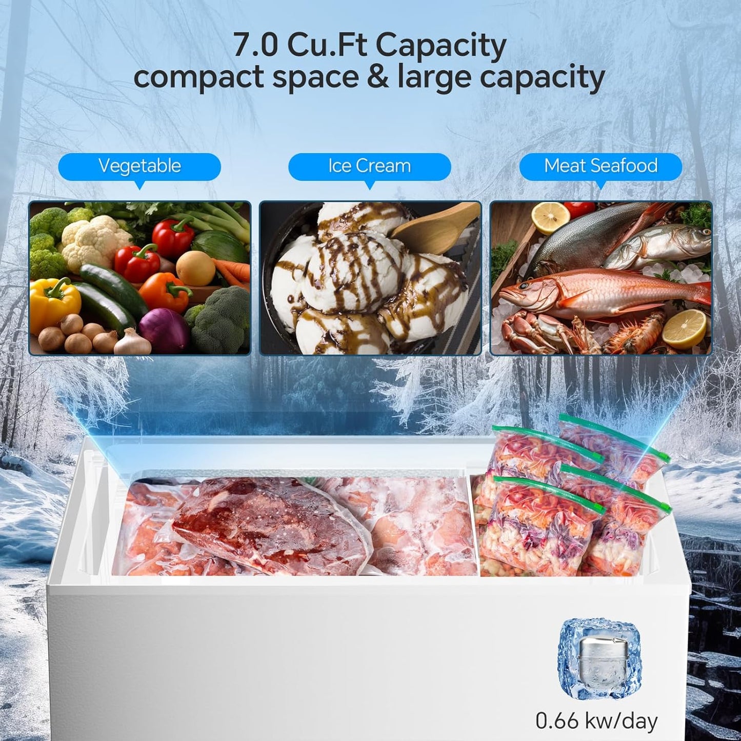 Kismile 7.0 Cubic Feet Chest Freezer with 3 Removable Basket, Free Standing Top Open Door Compact Deep Freezer with Adjustable Temperature for Home/Kitchen/Office/Garage/Bar (7.0 Cu.Ft, Black)