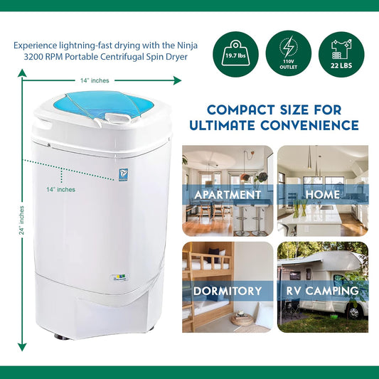 The Laundry Alternative Ninja Spin Dryer - Portable for Clothes, 3200 RPM With High Tech Suspension System - for Apartments, RV Travel - Emerald