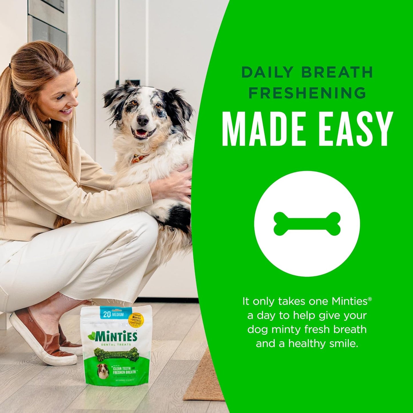 Minties Dental Chews for Dogs, 60 Count, Vet-Recommended Mint-Flavored Treats for Medium Dogs 25-50 lbs, Dental Bones Clean Teeth, Fight Bad Breath, and Removes Plaque and Tartar