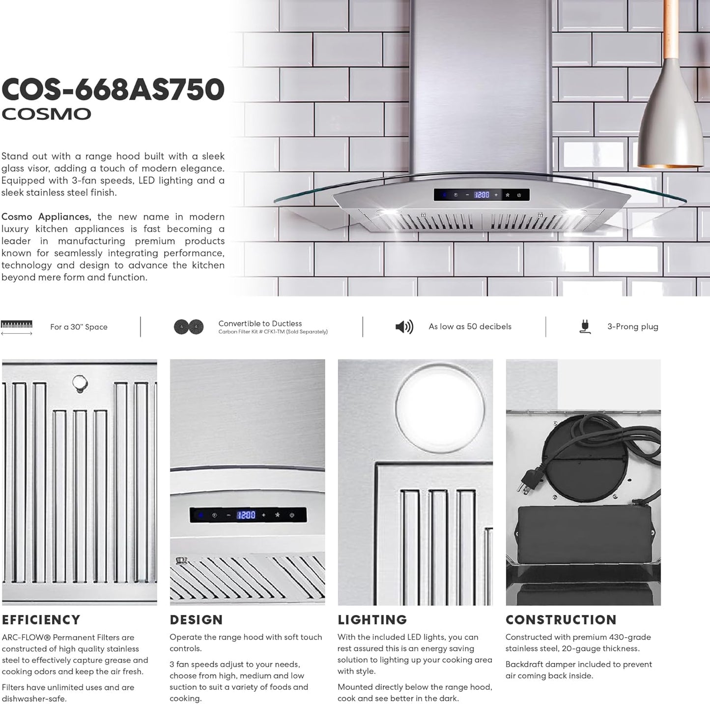 COSMO COS-668AS750 30 in. Vista Collection 380 CFM Ducted Wall Mount Range Hood, Touch Controls, LED Lights, Stainless Steel