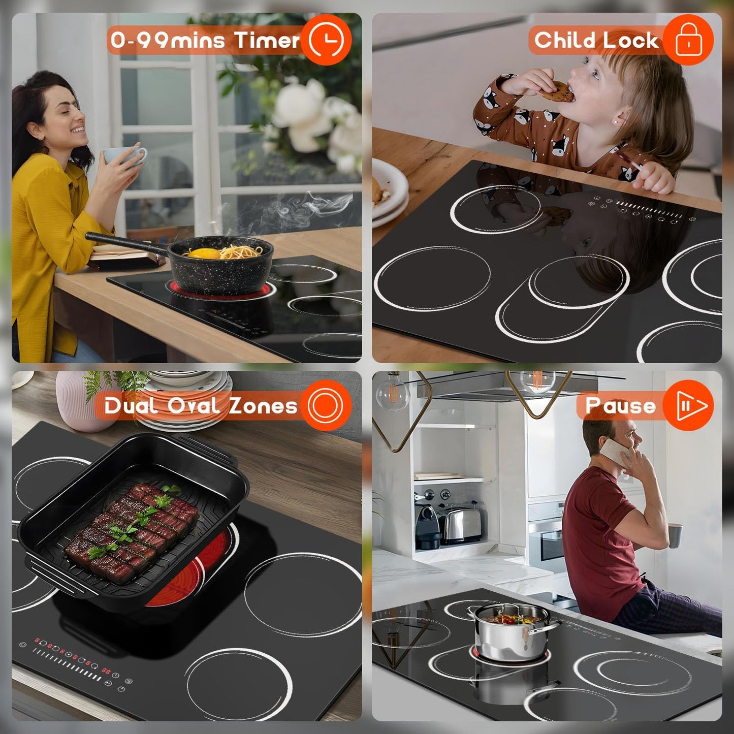 30 Inch Electric Cooktop, Nefaracy 5 Burner Electric Stove Top with Slider Control, 8400W Built-in Ceramic Cooktop with Dual Oval Zone, Timer & Safety Lock, Hot Surface Indicator, 220V, Hard Wire