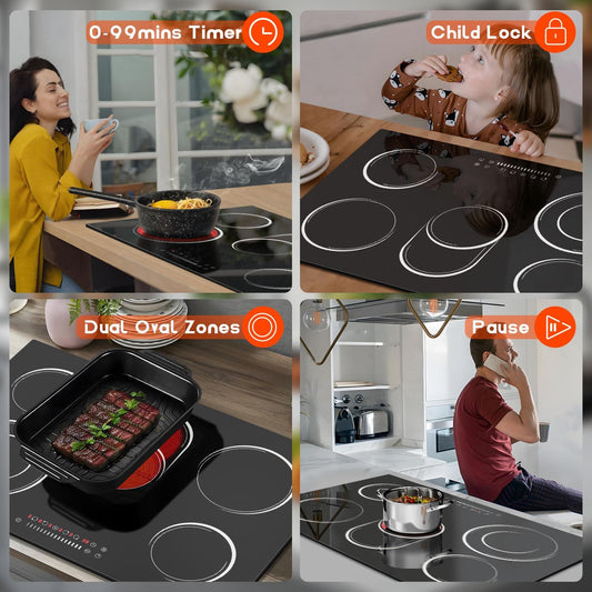 30 Inch Electric Cooktop, Nefaracy 5 Burner Electric Stove Top with Slider Control, 8400W Built-in Ceramic Cooktop with Dual Oval Zone, Timer & Safety Lock, Hot Surface Indicator, 220V, Hard Wire