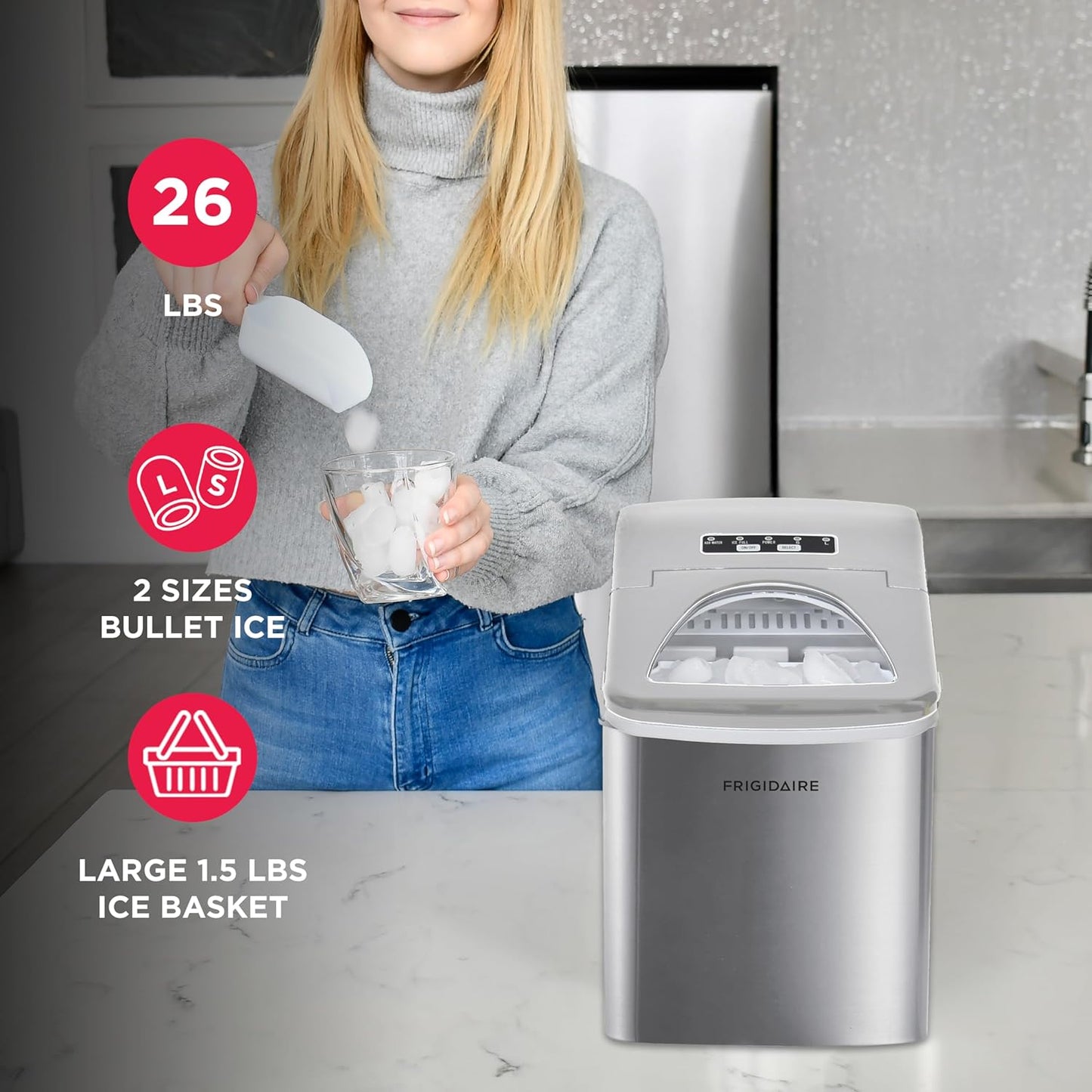 Frigidaire 26 Lbs per Day Portable Compact Maker, Ice Making Machine, Stainless, Medium