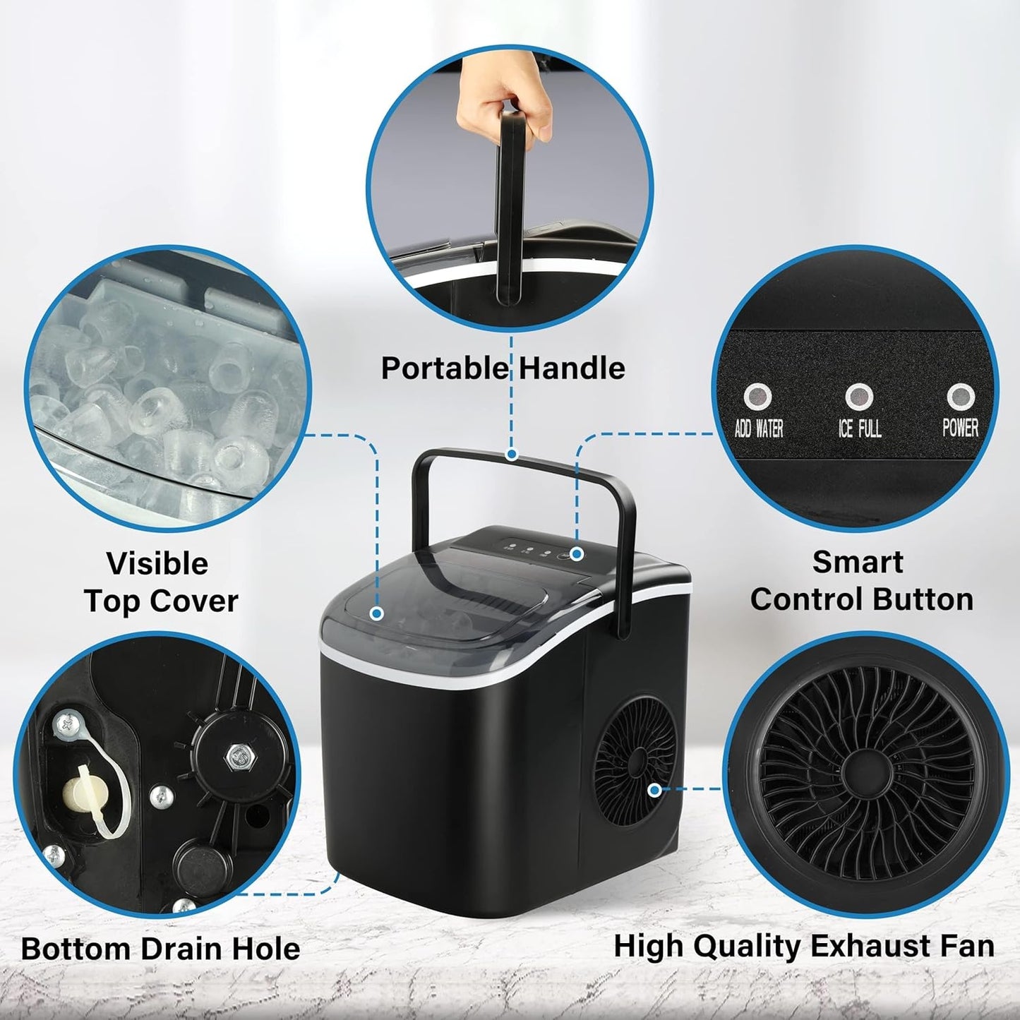 HealSmart Ice Maker for Countertop, 26lbs Ice/24Hrs, 9 Ice Cubes Ready in 6 Mins, Self-Cleaning Feature, Ice Spoon and Basket Included, for Home, Kitchen, Camping, Party, Black New