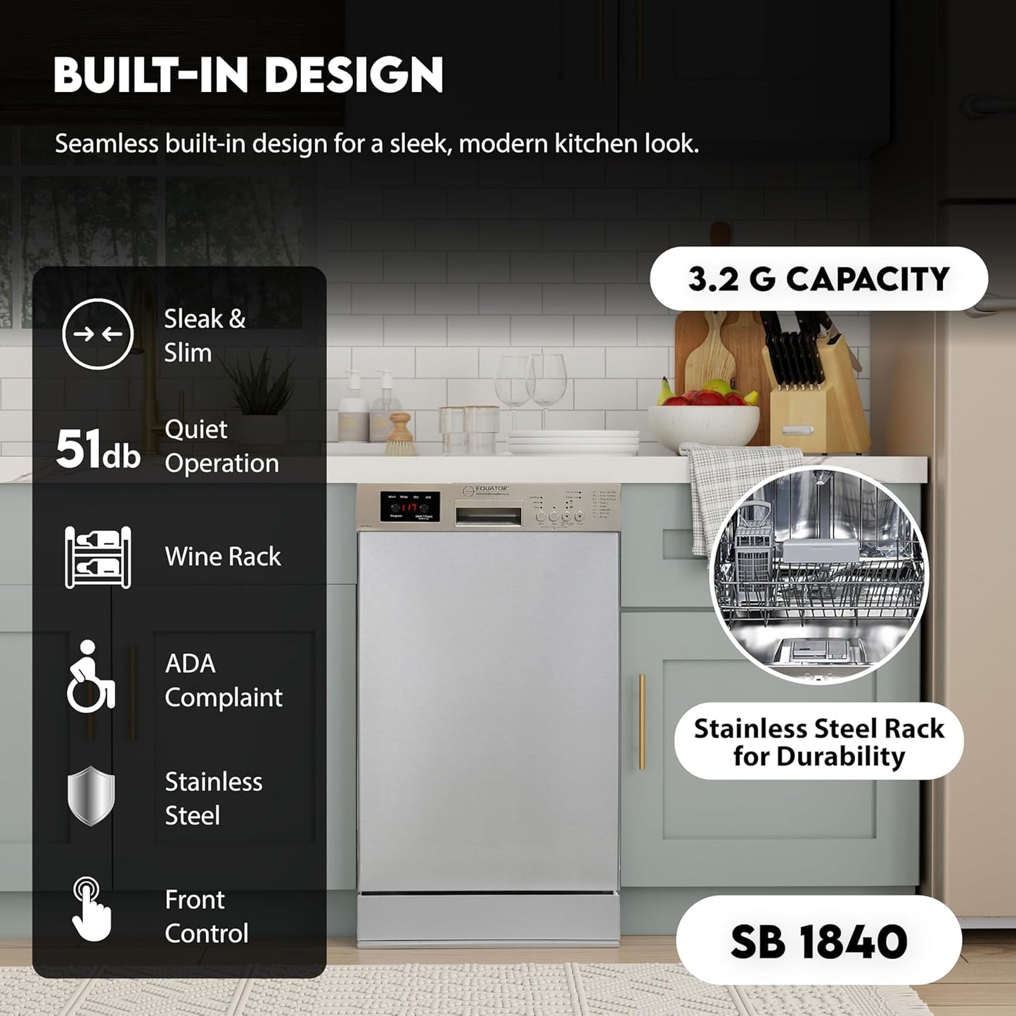 Equator 18 in Dishwasher 10 place+Wine Rack 3.4g QUIET 51 dB 110V E-Star ADA in Silver