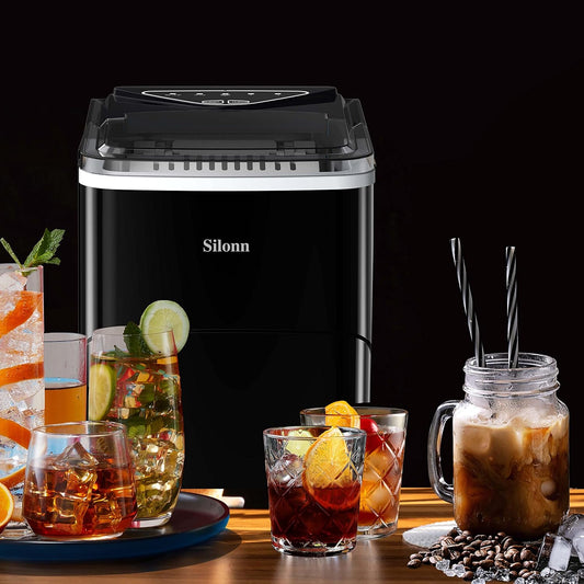Silonn Ice Makers Countertop, 9 Cubes Ready in 6 Mins, 26lbs in 24Hrs, Self-Cleaning Ice Machine with Ice Scoop and Basket, 2 Sizes of Bullet Ice for Home Kitchen Office Party