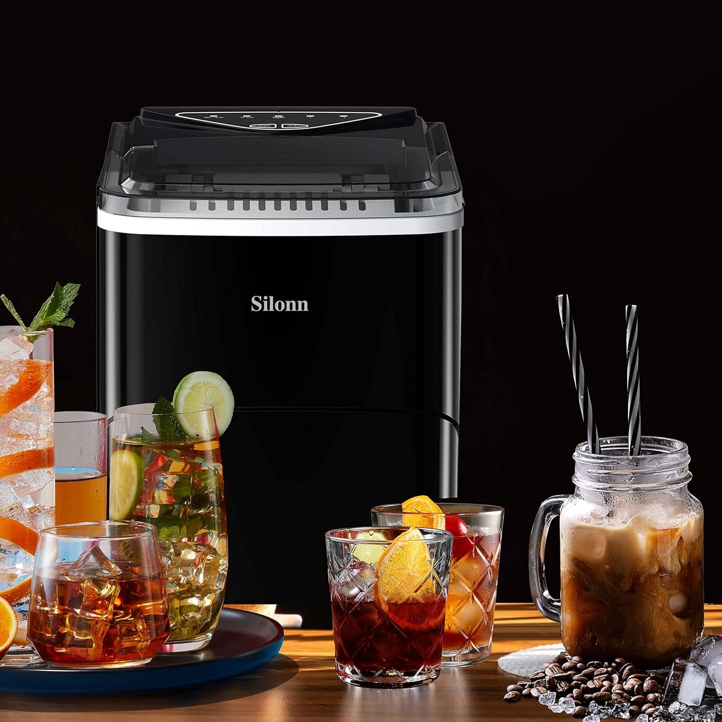 HealSmart Ice Maker for Countertop, 9 Ice Cubes Ready in 6 Mins, 26lbs Ice/24Hrs, with Self-Cleaning Feature, Ice Spoon and Basket, for Home, Kitchen, Camping, Party, Black