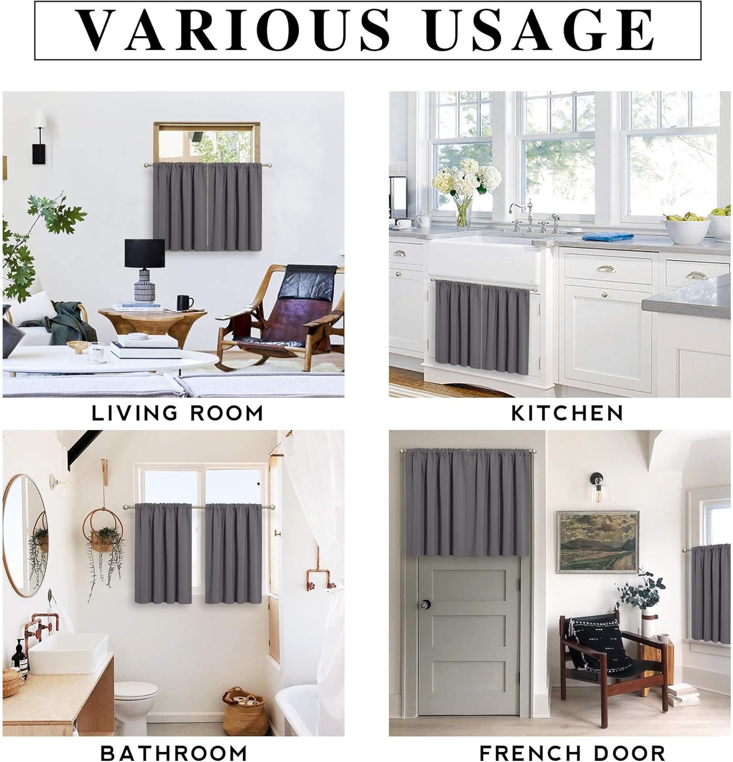 RYB HOME Short Curtains Gray Half Window Curtains for Bedroom, Privacy Curtain Tiers for Windows, Energy Saving Drapes for Bathroom Shades, Wide 42 x Long 36 inches per Panel, Grey, Set of 2