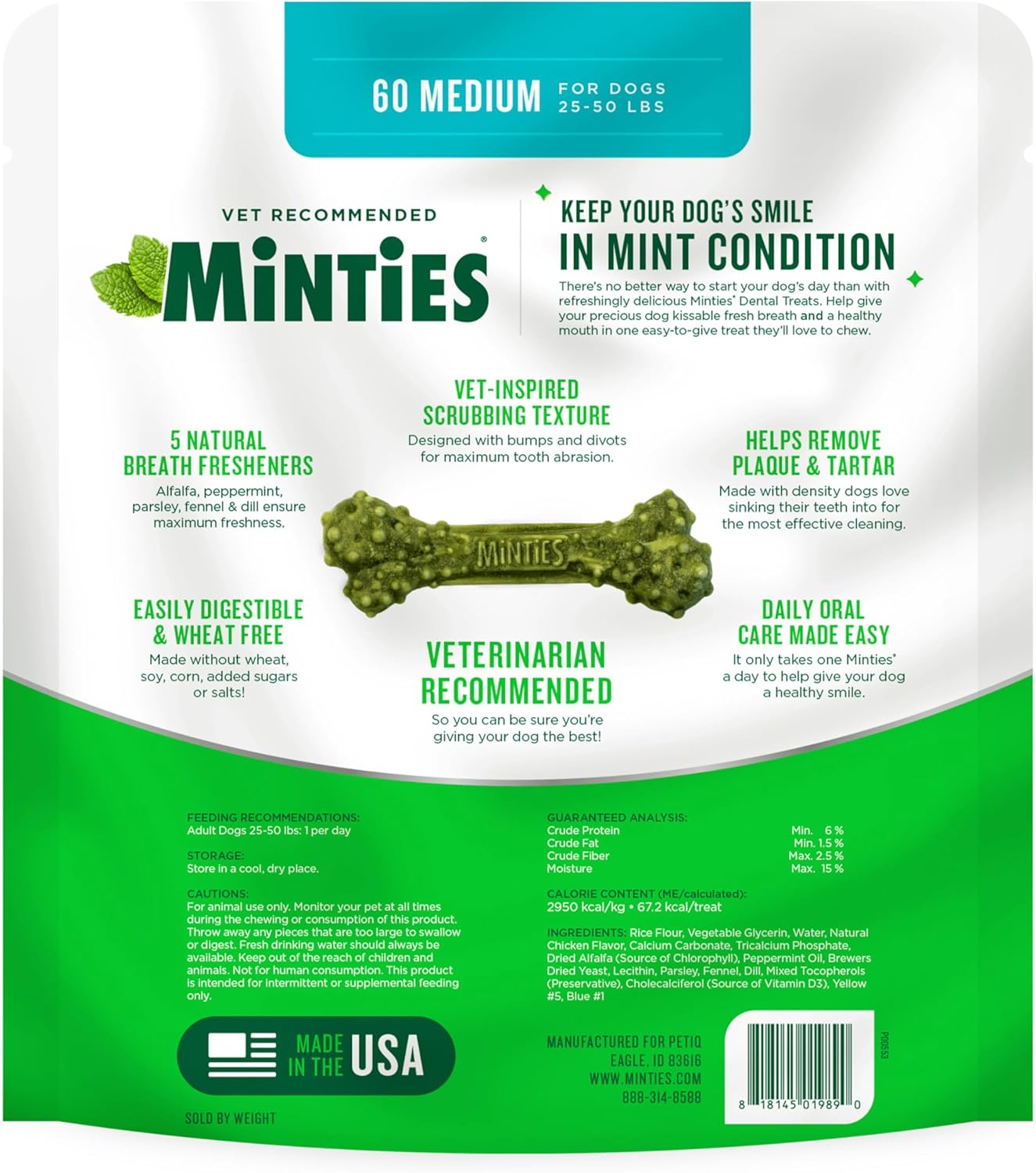 Minties Dental Chews for Dogs, 60 Count, Vet-Recommended Mint-Flavored Treats for Medium Dogs 25-50 lbs, Dental Bones Clean Teeth, Fight Bad Breath, and Removes Plaque and Tartar