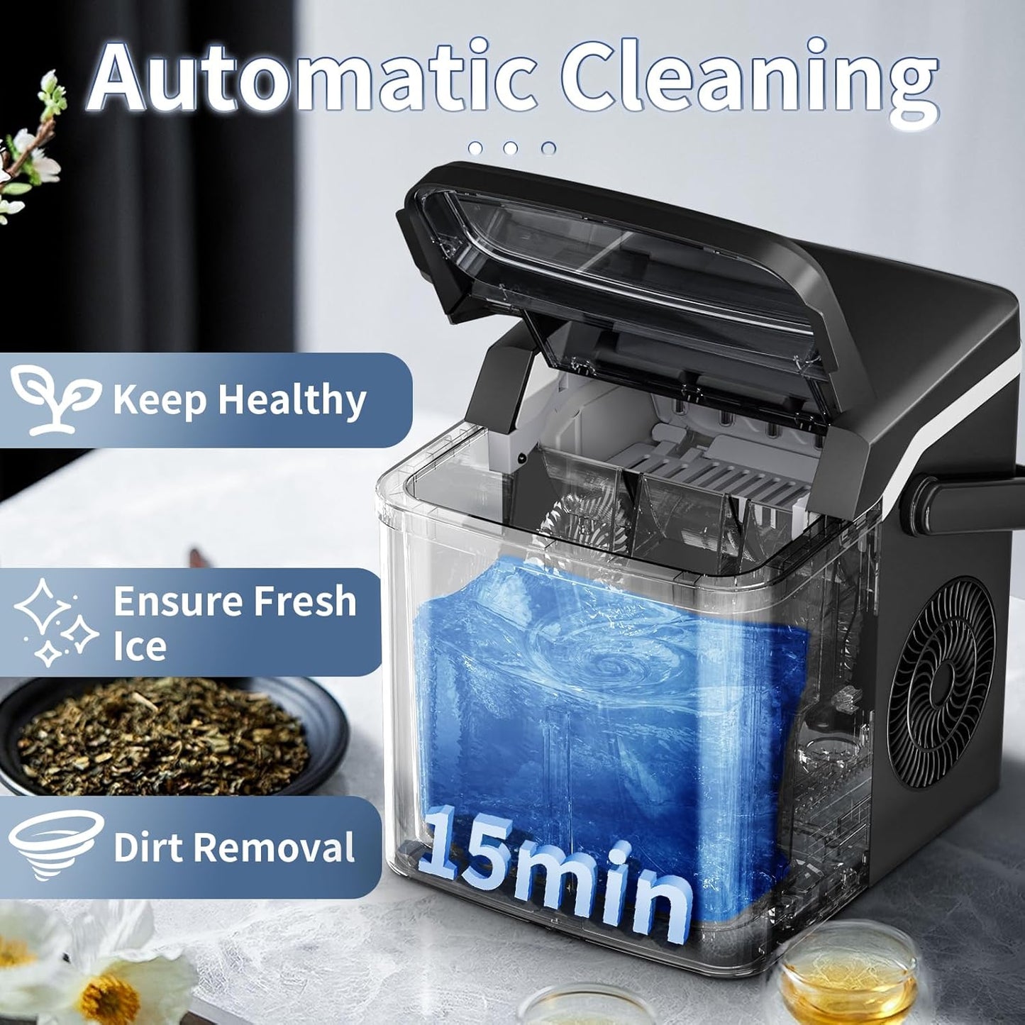 Antarctic Star Countertop Ice Maker Portable Ice Machine, Basket Handle,Self-Cleaning Ice Makers, 26Lbs/24H, 9 Ice Cubes Ready in 6 Mins, S/L ice, for Home Kitchen Bar Party (Black)